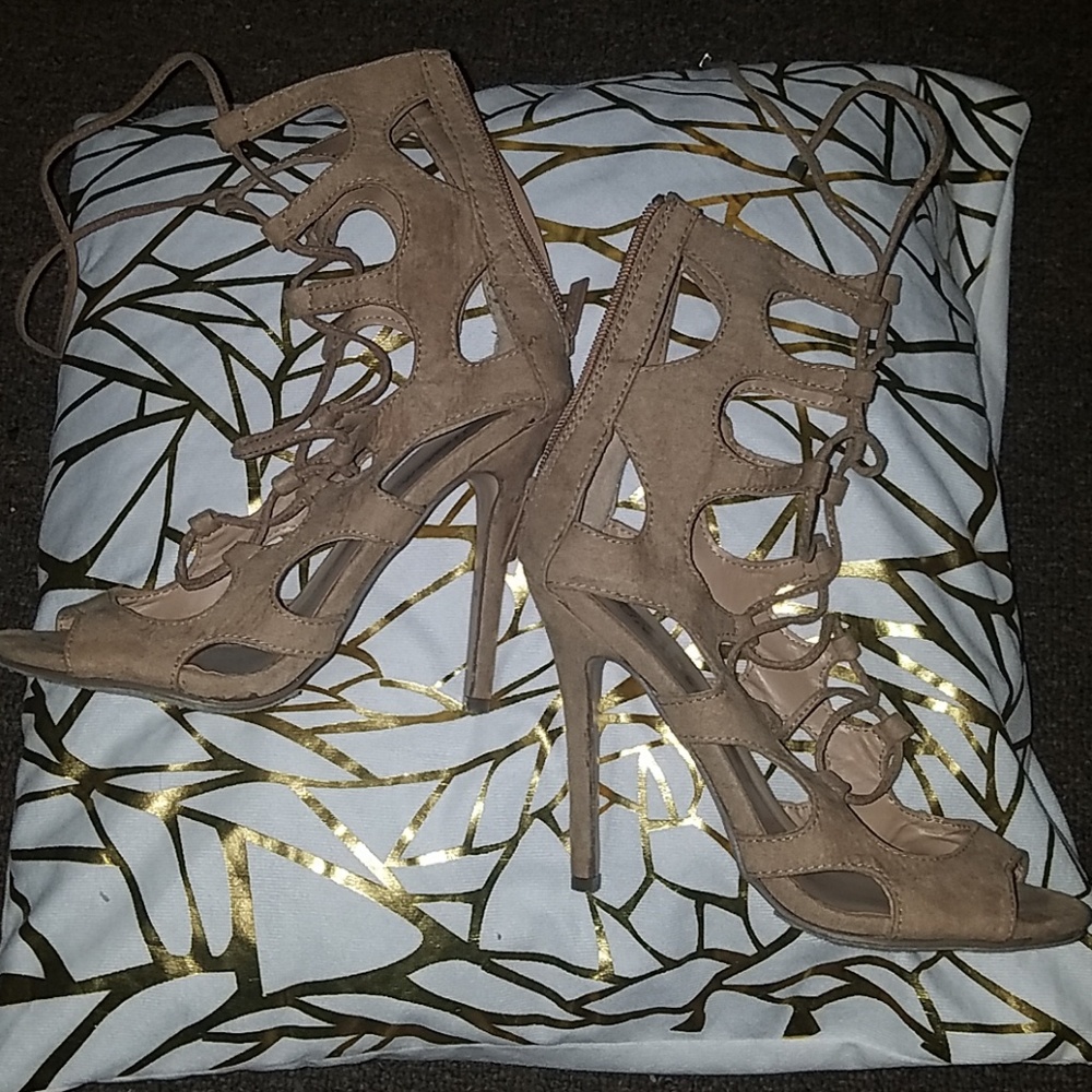 Tan Lace up booties heel ankle boots gladiators
